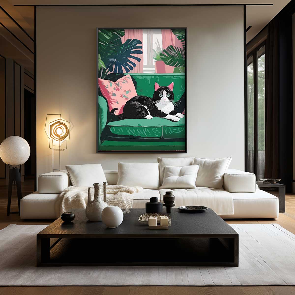 Gezellige Kat op Groene Bank Kunstwerk-canvas-dibond-plexiglas-wanddecoratie-WallArtistic