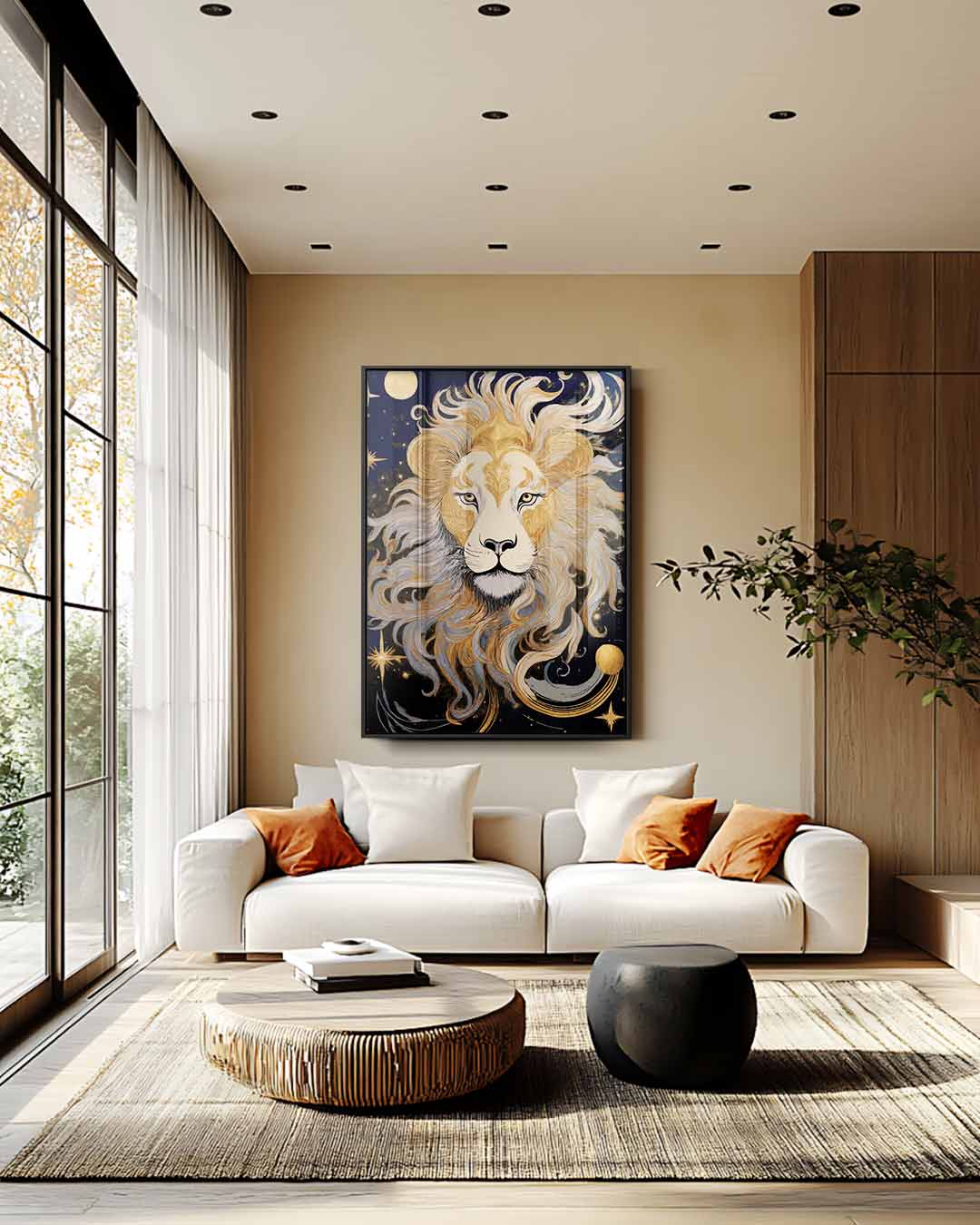 Majestueuze Leeuw in Gouden Nacht Kunstwerk-canvas-dibond-plexiglas-wanddecoratie-WallArtistic