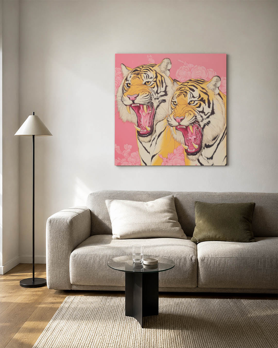 Tijgers op roze achtergrond Kunstwerk