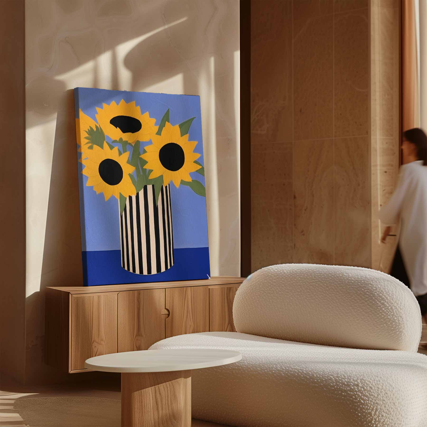 Zonnige Zonnebloemen in Streepjesvaas Kunstwerk-canvas-dibond-plexiglas-wanddecoratie-WallArtistic