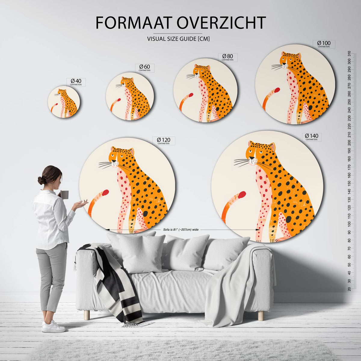 Luipaard illustratie Muurcirkel – extra productweergave – Een luipaard met oranje en roze tinten en zwarte stippen.