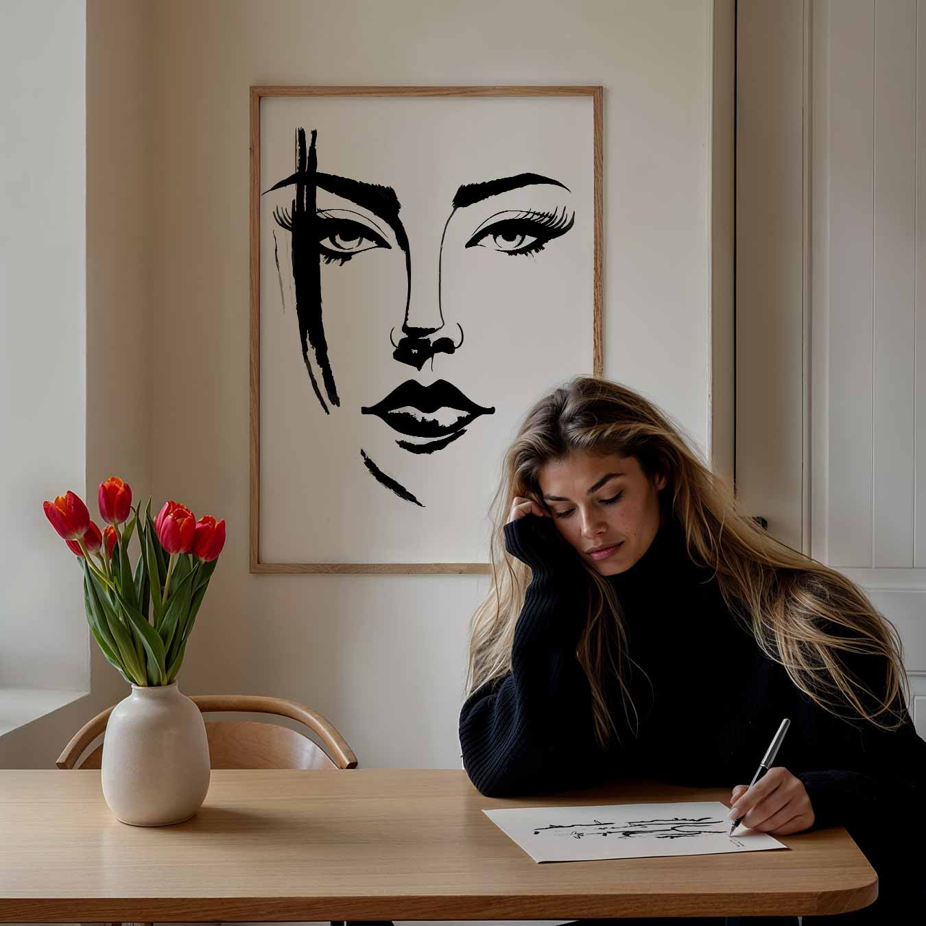 Elegante Zwart-Wit Gezichtslijn Poster