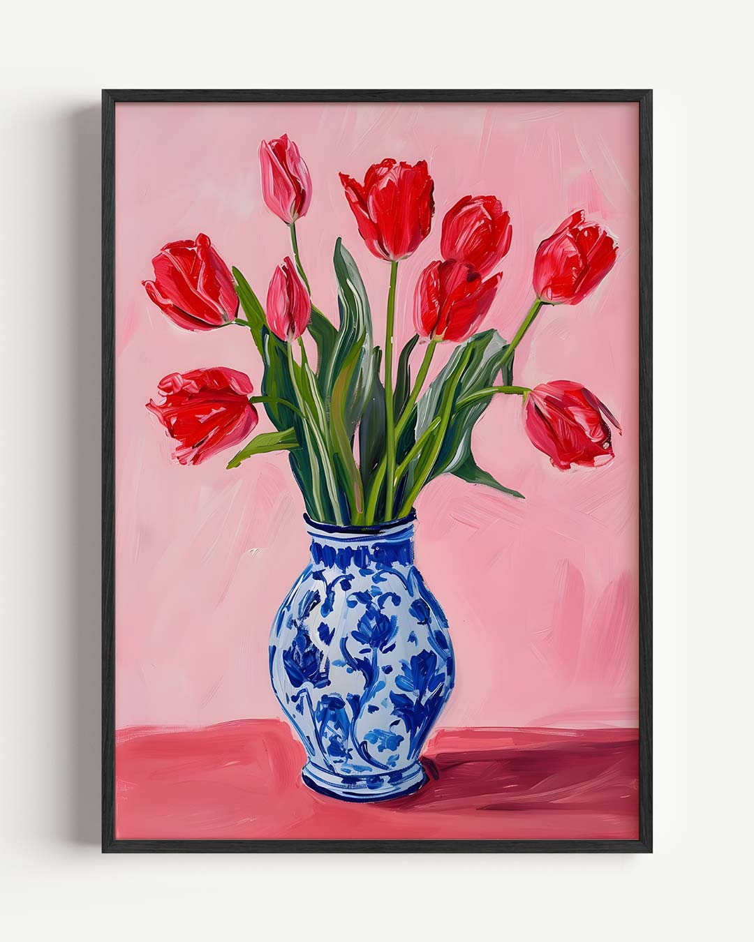 Vrolijke Tulpen in Blauw Witte Vaas Poster