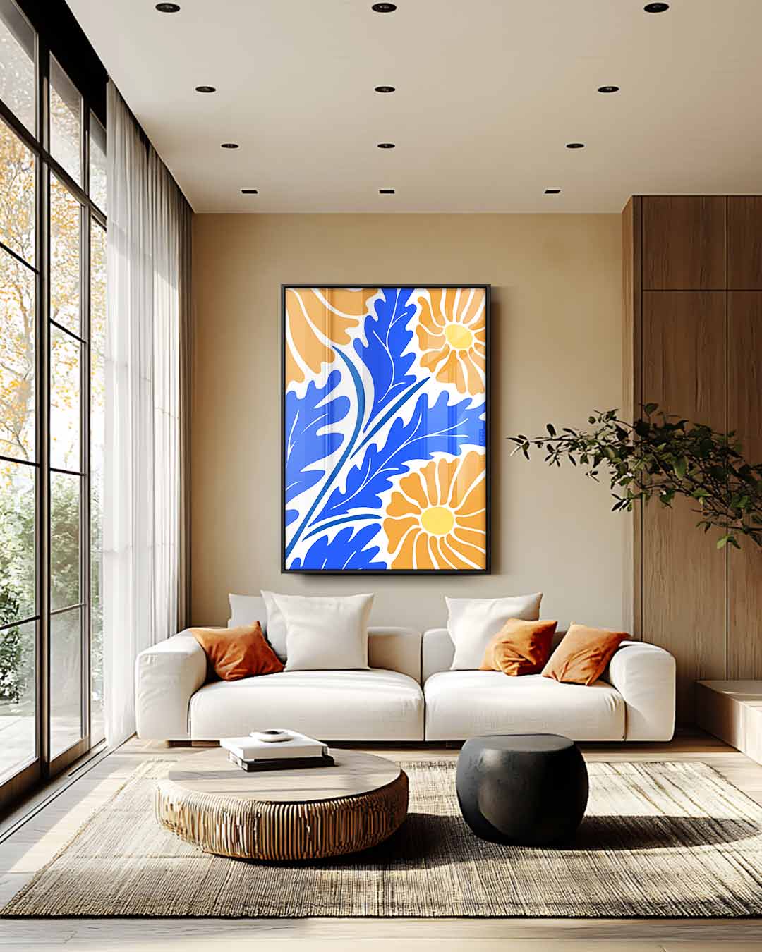 Bloeiend Blauw Oranjetapijt Kunstwerk-canvas-dibond-plexiglas-wanddecoratie-WallArtistic