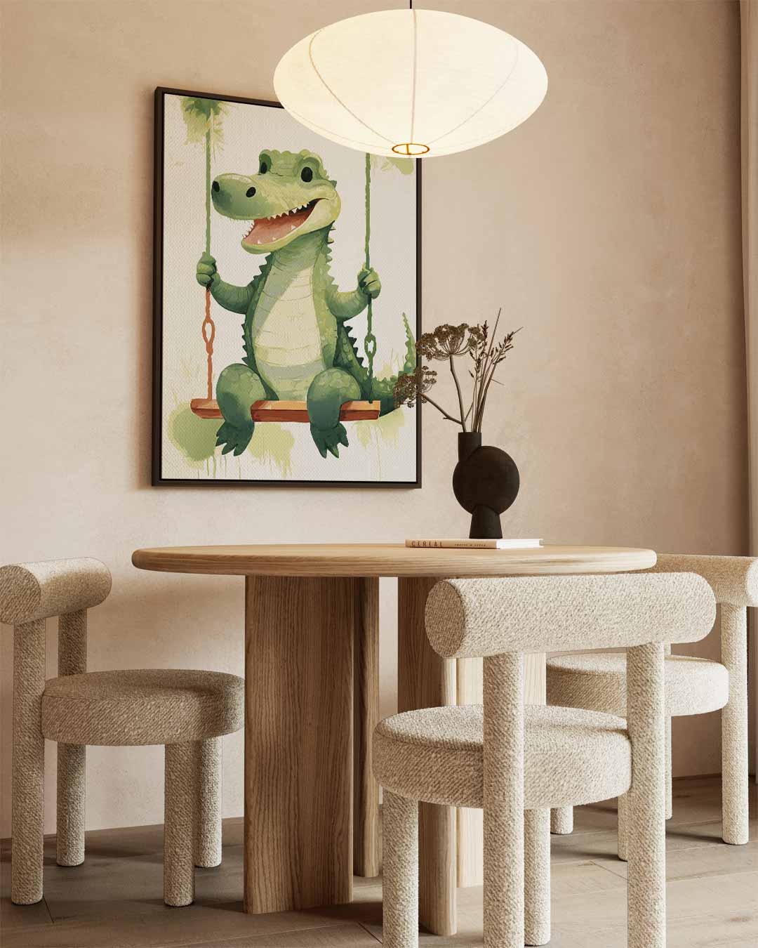 Vrolijke Krokodil op de Schommel Kunstwerk-canvas-dibond-plexiglas-wanddecoratie-WallArtistic