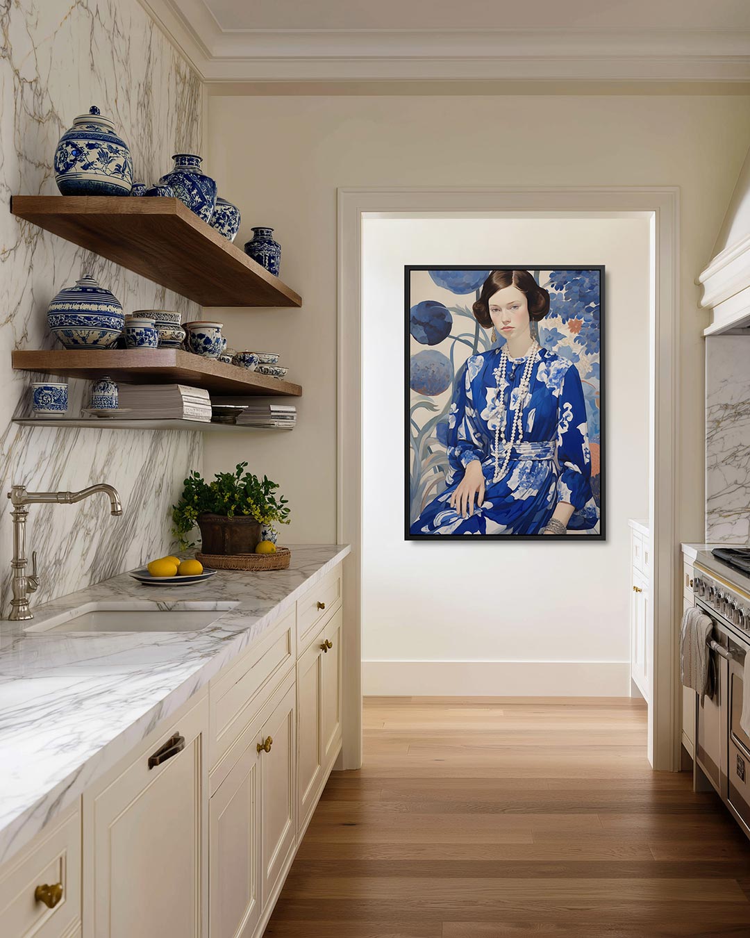 Vrouw in blauwe jurk Kunstwerk