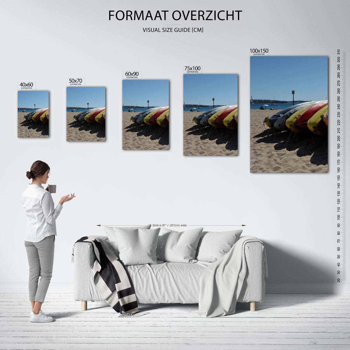 Kleurrijke kajaks op strand Kunstwerk