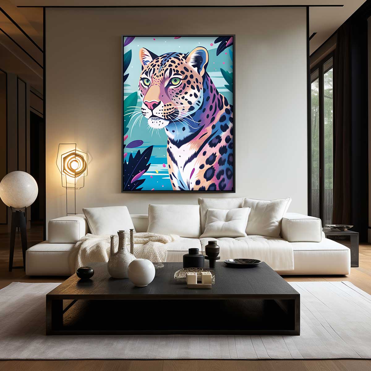 Elegante Luipaard in Kleurrijke Jungle Kunstwerk-canvas-dibond-plexiglas-wanddecoratie-WallArtistic