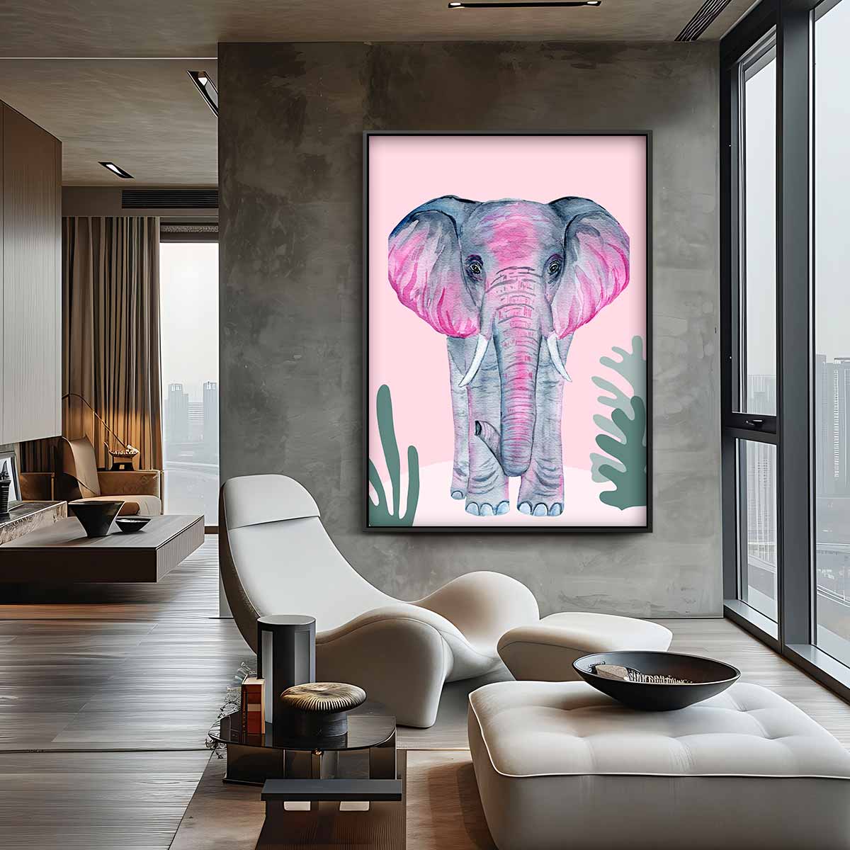 Roze Olifant op Roze Achtergrond Kunstwerk-canvas-dibond-plexiglas-wanddecoratie-WallArtistic
