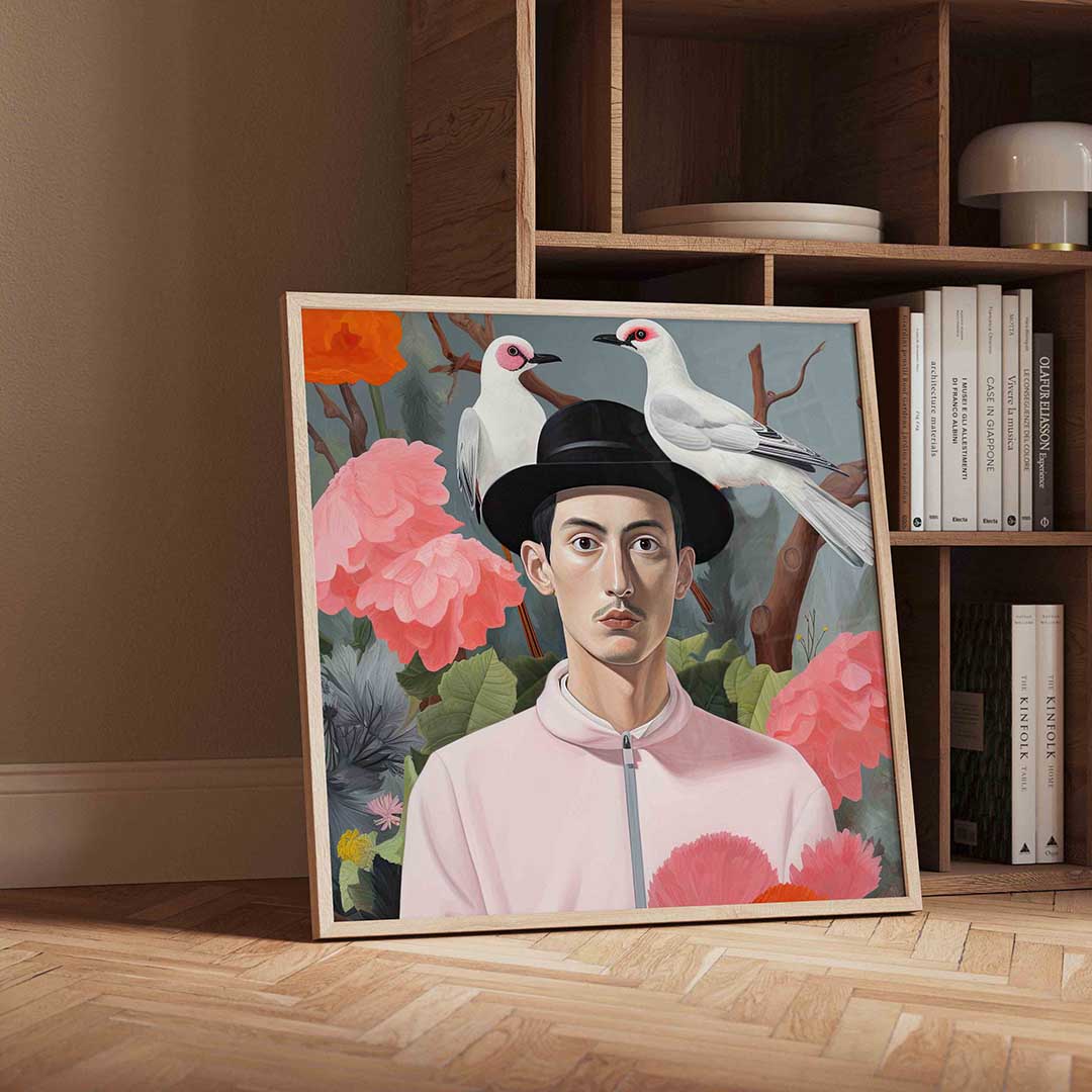 Man met vogels en bloemen Poster