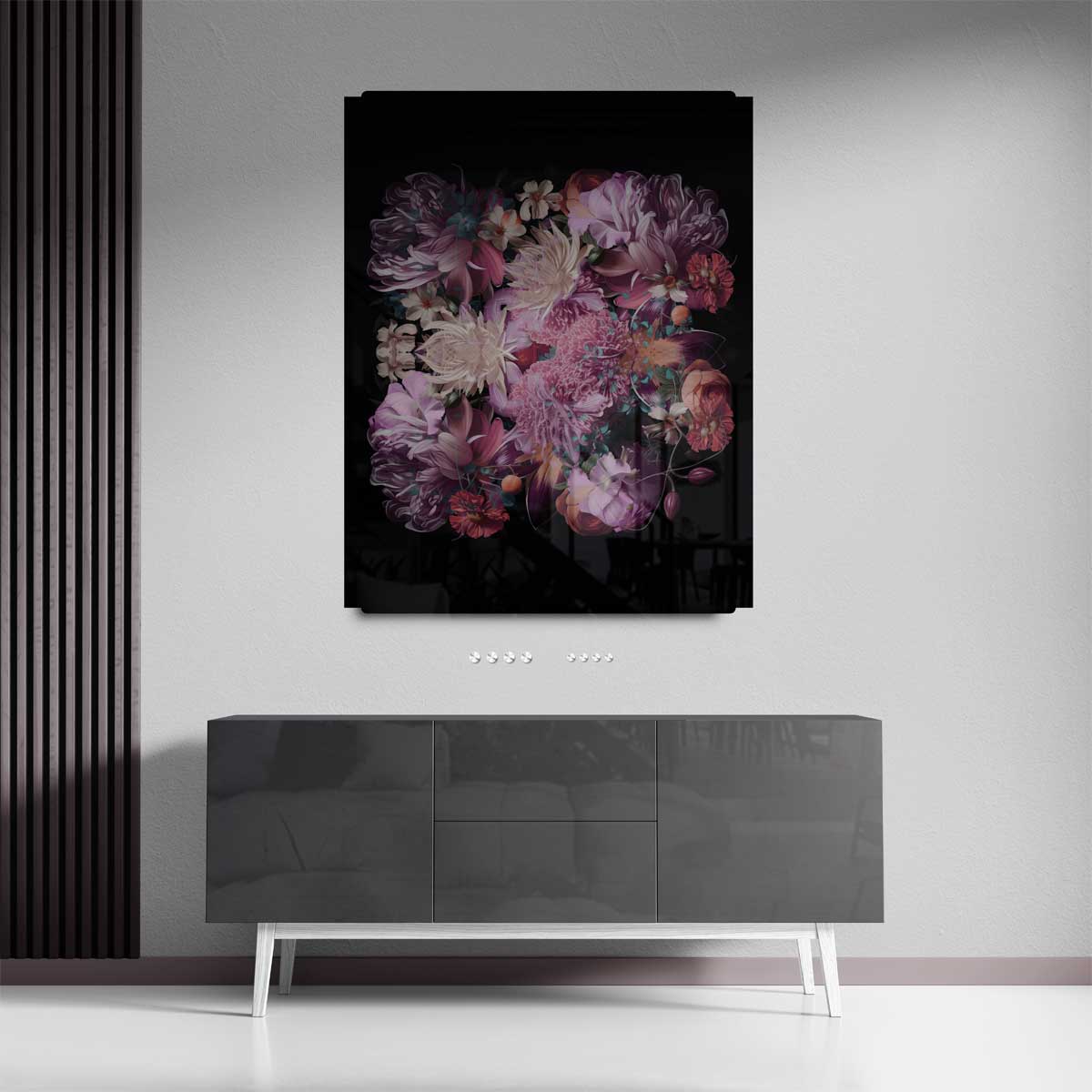 Bloemenpracht op Zwart Kunstwerk-canvas-dibond-plexiglas-wanddecoratie-WallArtistic