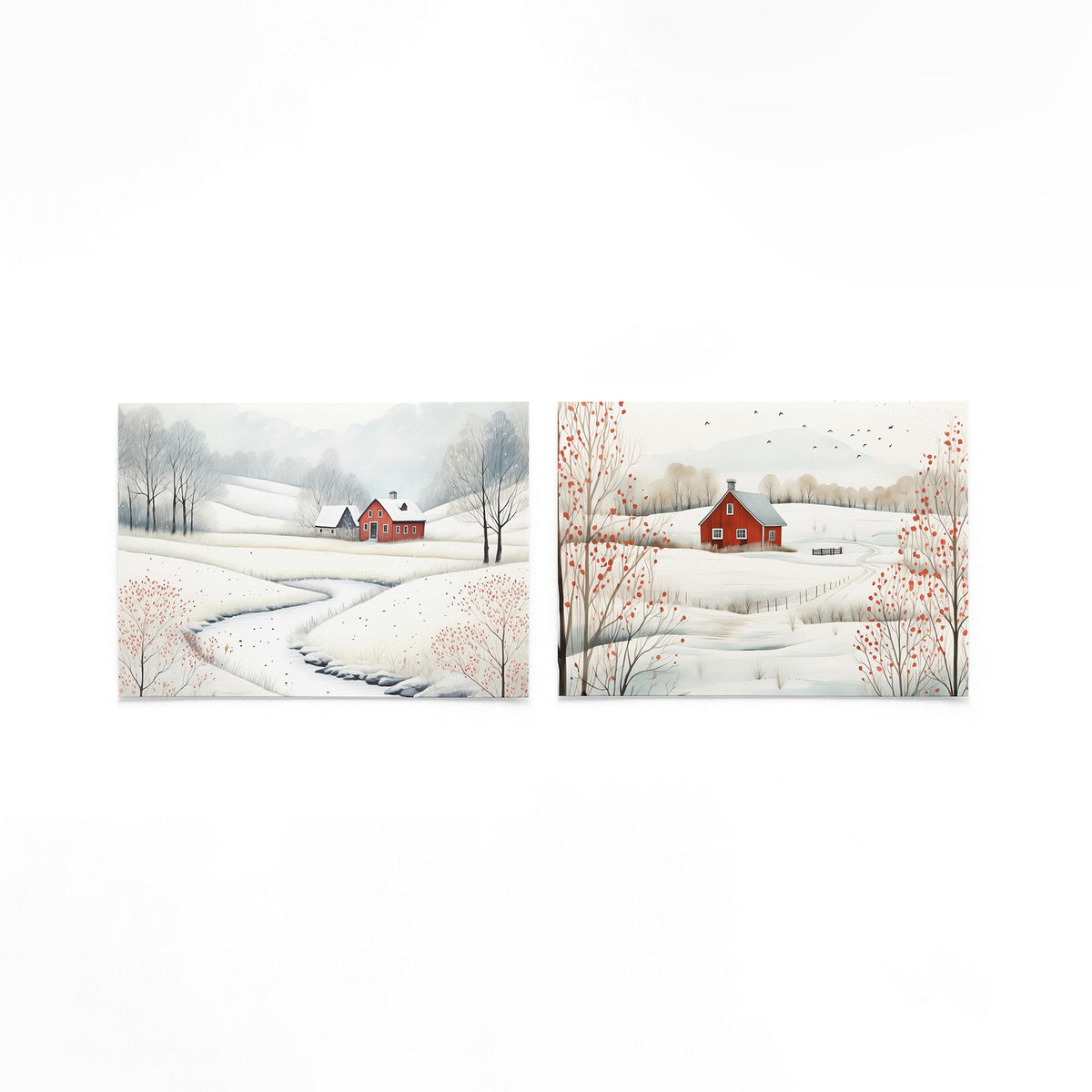 Twee liggende posters met een vredig winterlandschap met een rode boerderij op een gebroken witte achtergrond