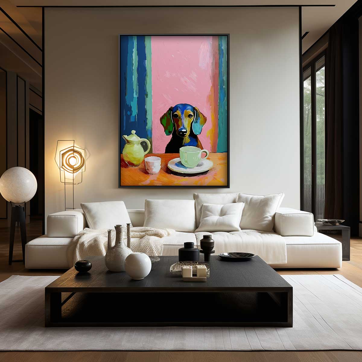 Koffiepauze met Teckel Kunstwerk-canvas-dibond-plexiglas-wanddecoratie-WallArtistic