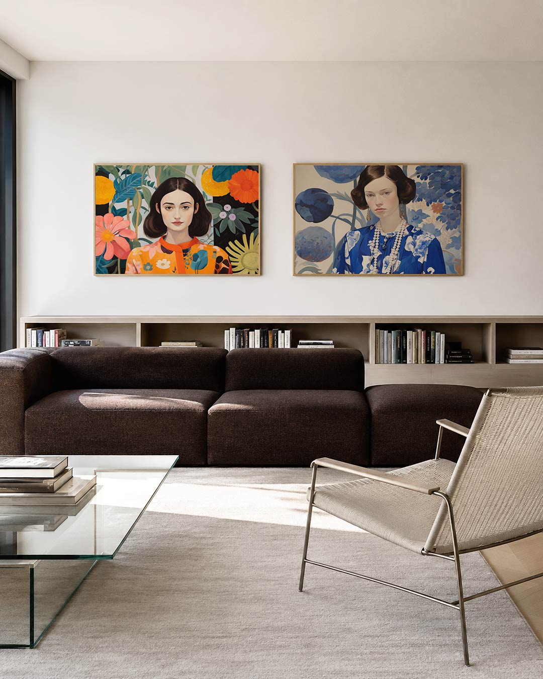 Interieurpresentatie van twee posters met een vrouw omringd door grote bloemen en bladeren