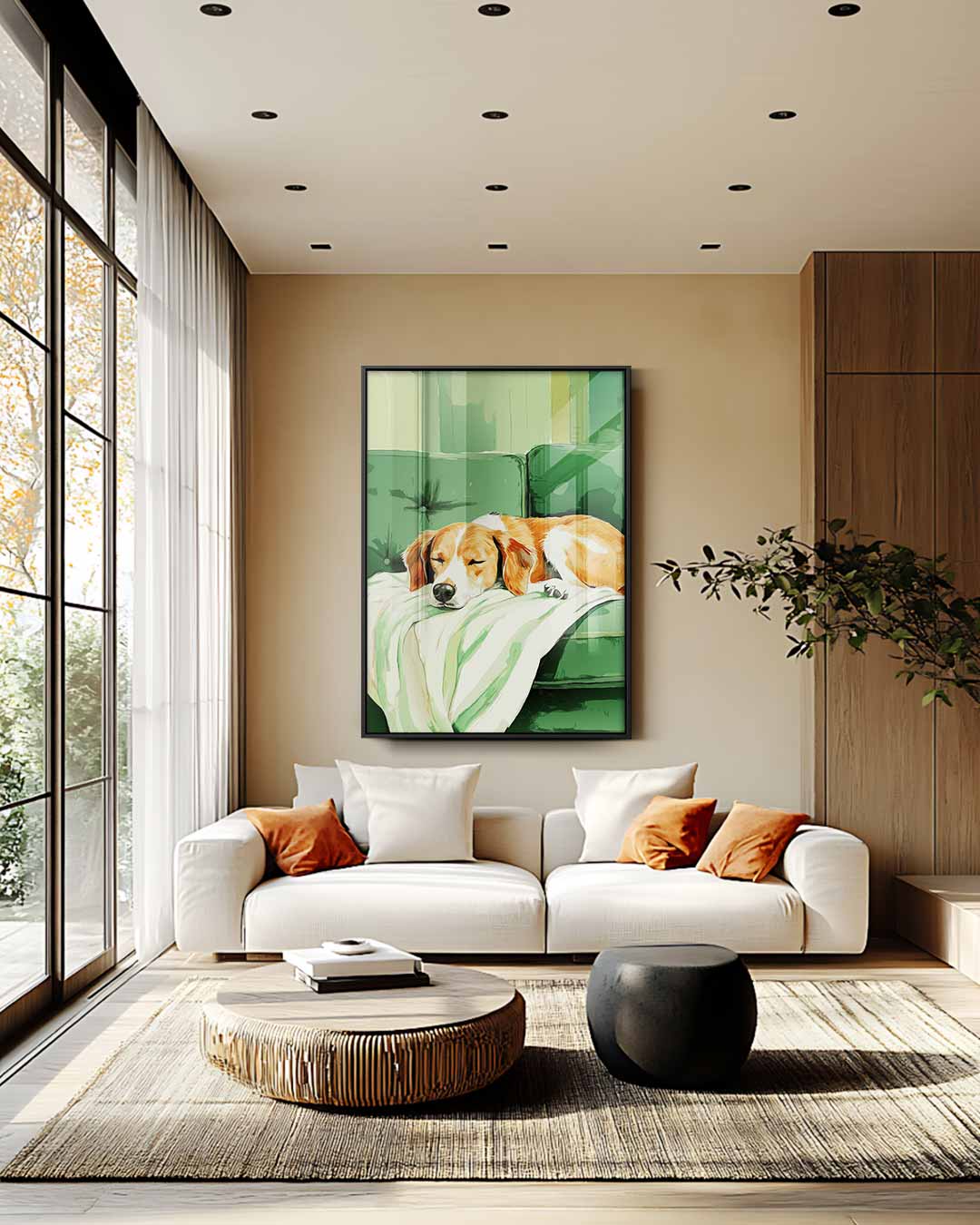Snoezige Hond op Groen Bankje Kunstwerk-canvas-dibond-plexiglas-wanddecoratie-WallArtistic