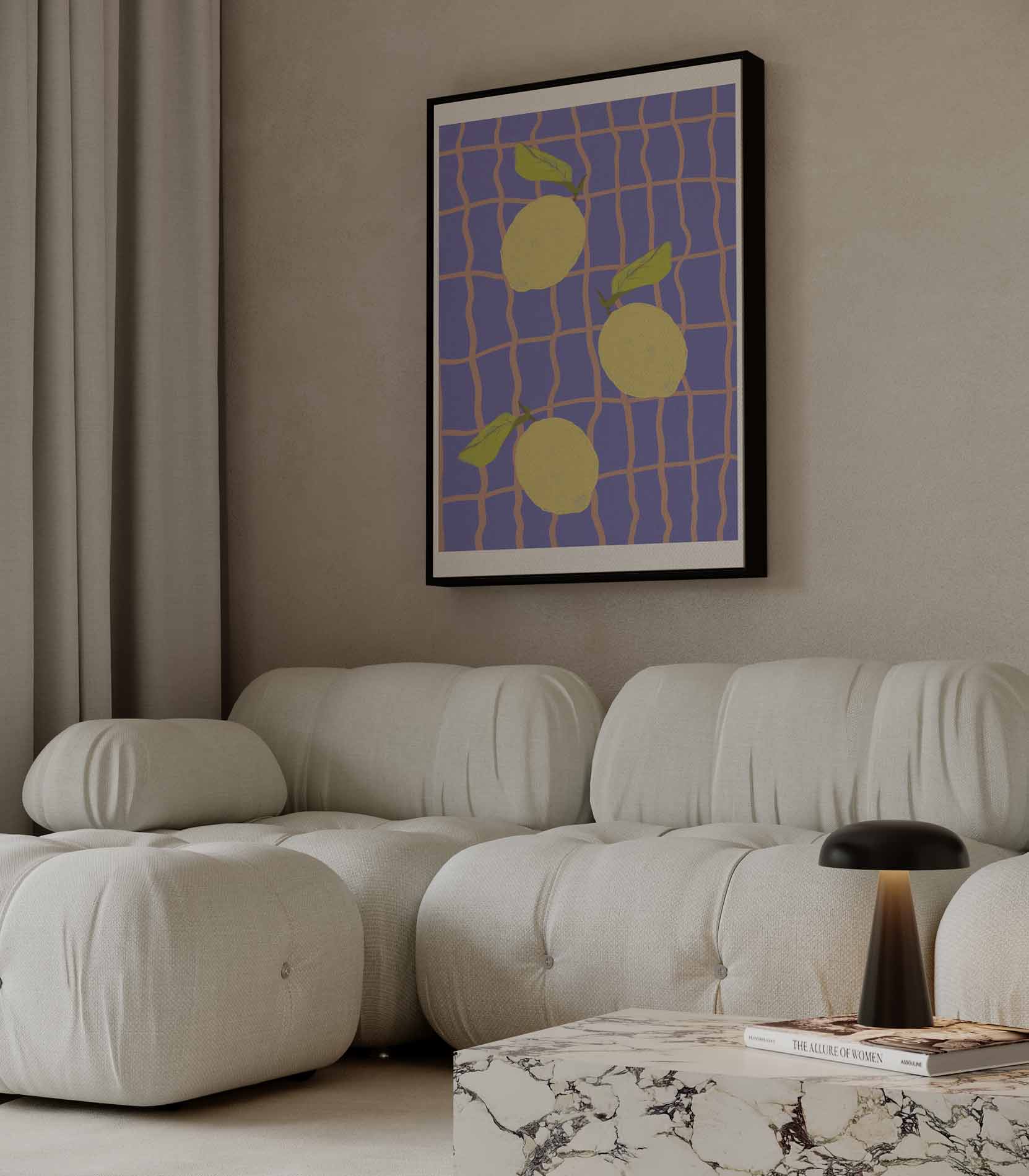 Citroenen op Blauw Ruitpatroon Kunstwerk-canvas-dibond-plexiglas-wanddecoratie-WallArtistic