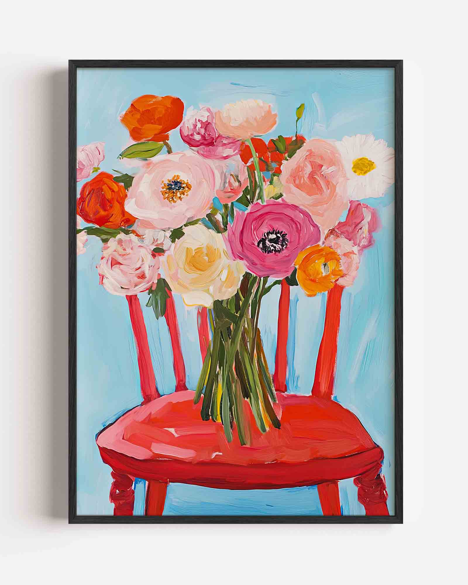 Bloemen op rode stoel Poster