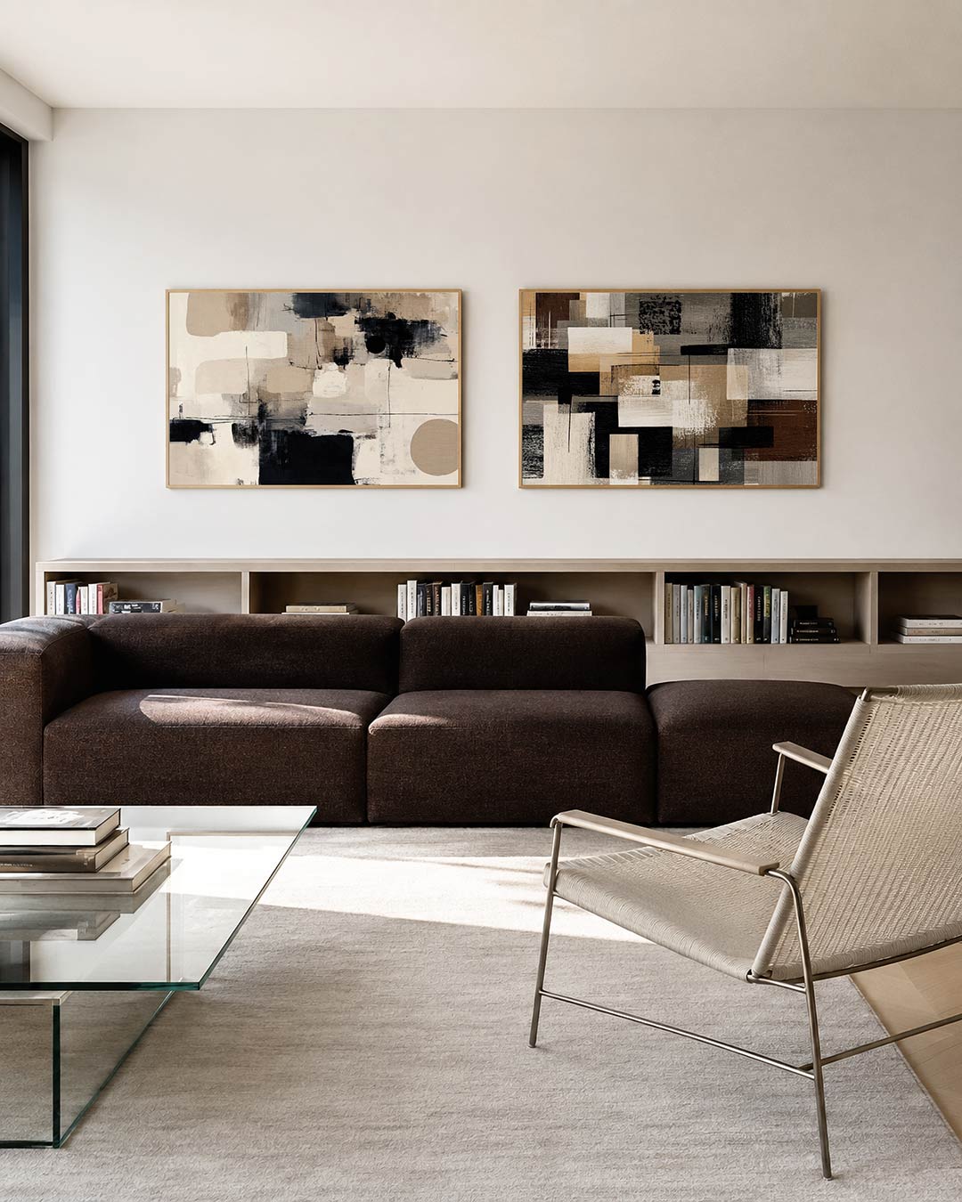 Twee liggende posters met beige, zwarte en witte kleurvlakken met rechte lijnen en cirkels, aan de muur in een interieur