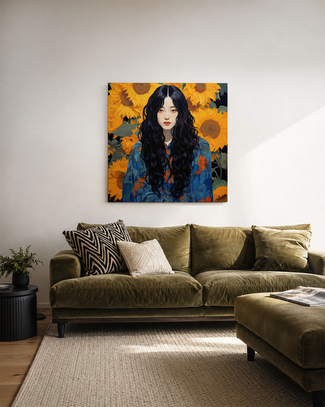 Vrouw met zonnebloemen Kunstwerk