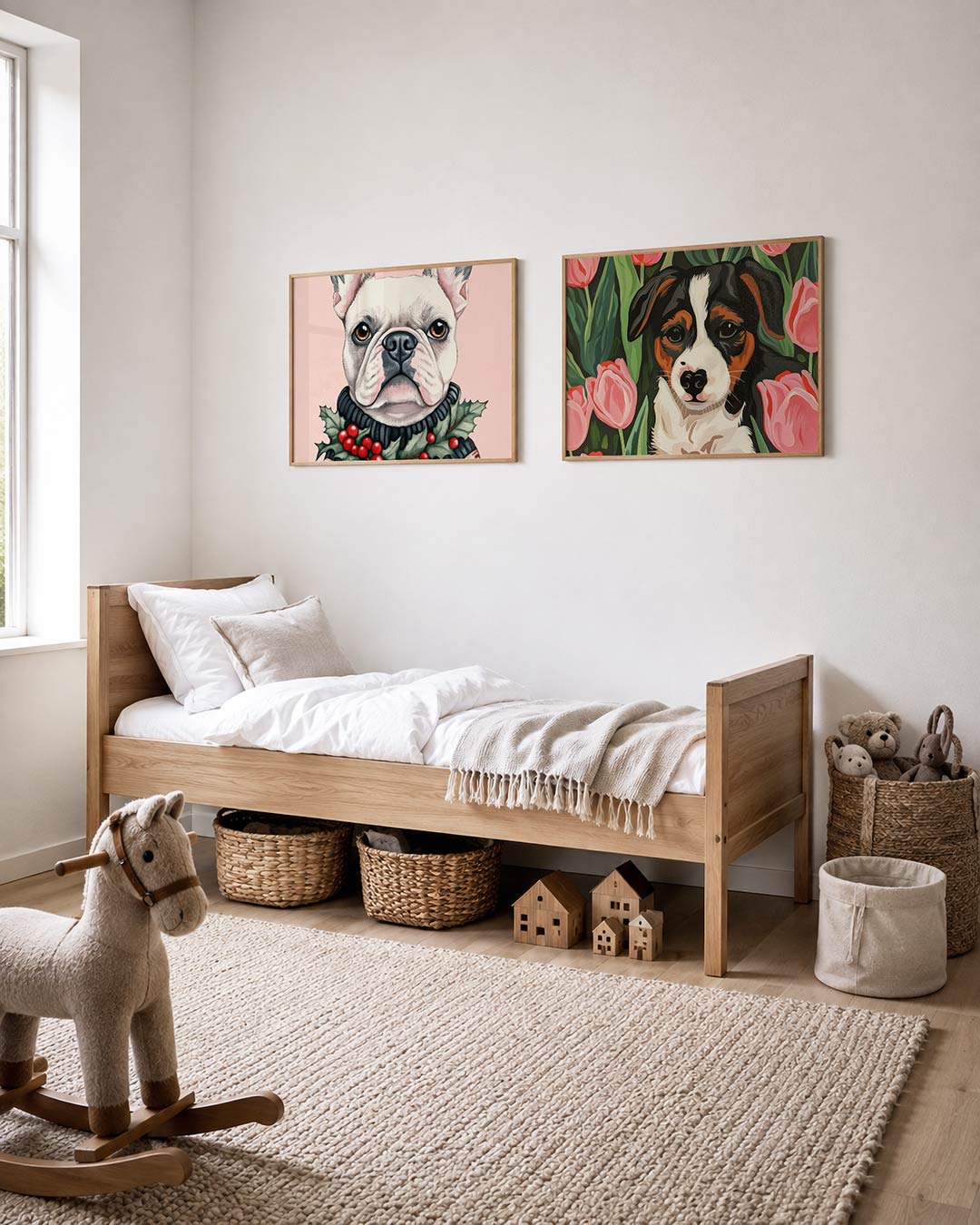 Twee liggende posters met een gedetailleerd hondenportret met zachte kleuren en een, aan de muur in een interieur