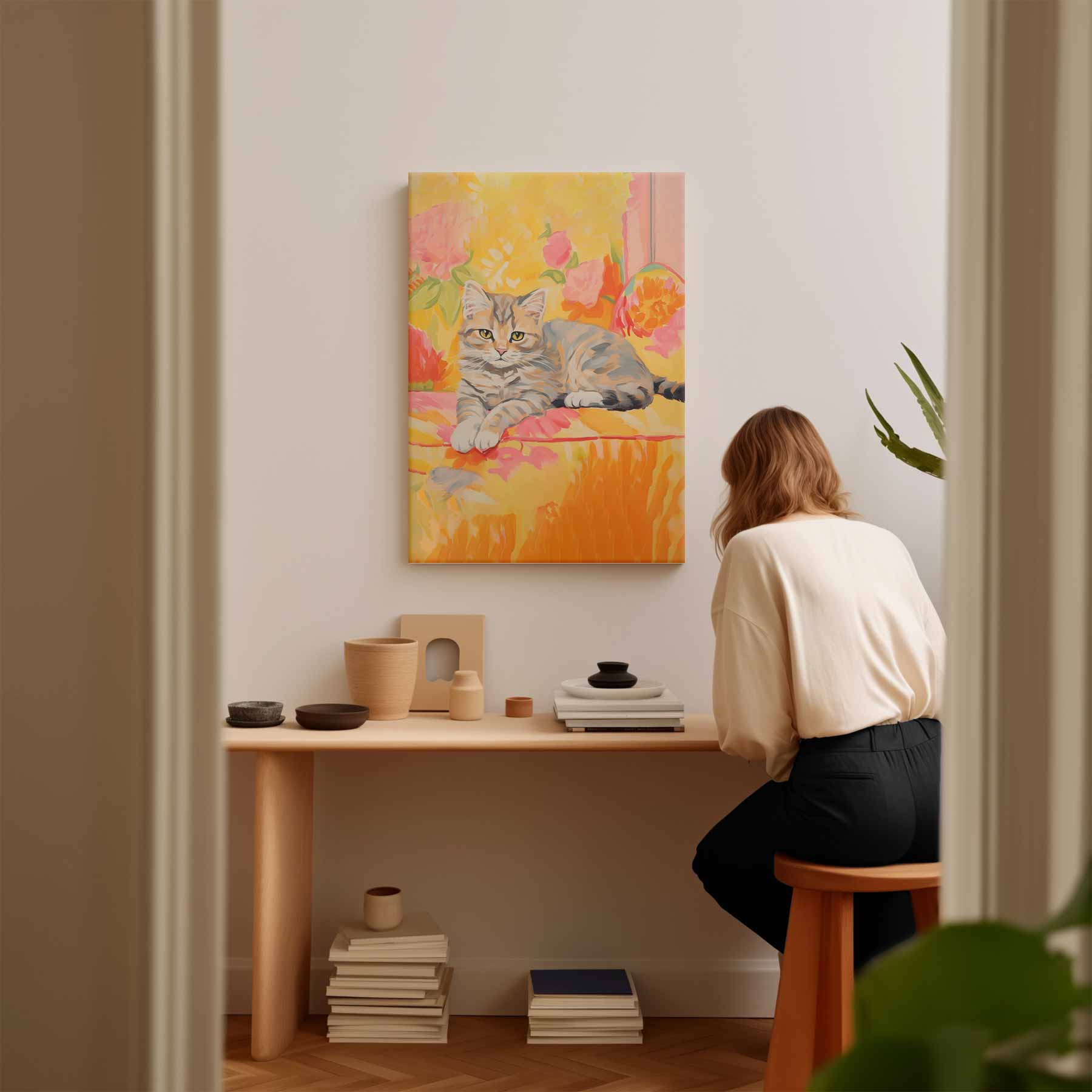 Zomerse Kat in Bloemen Kunstwerk-canvas-dibond-plexiglas-wanddecoratie-WallArtistic