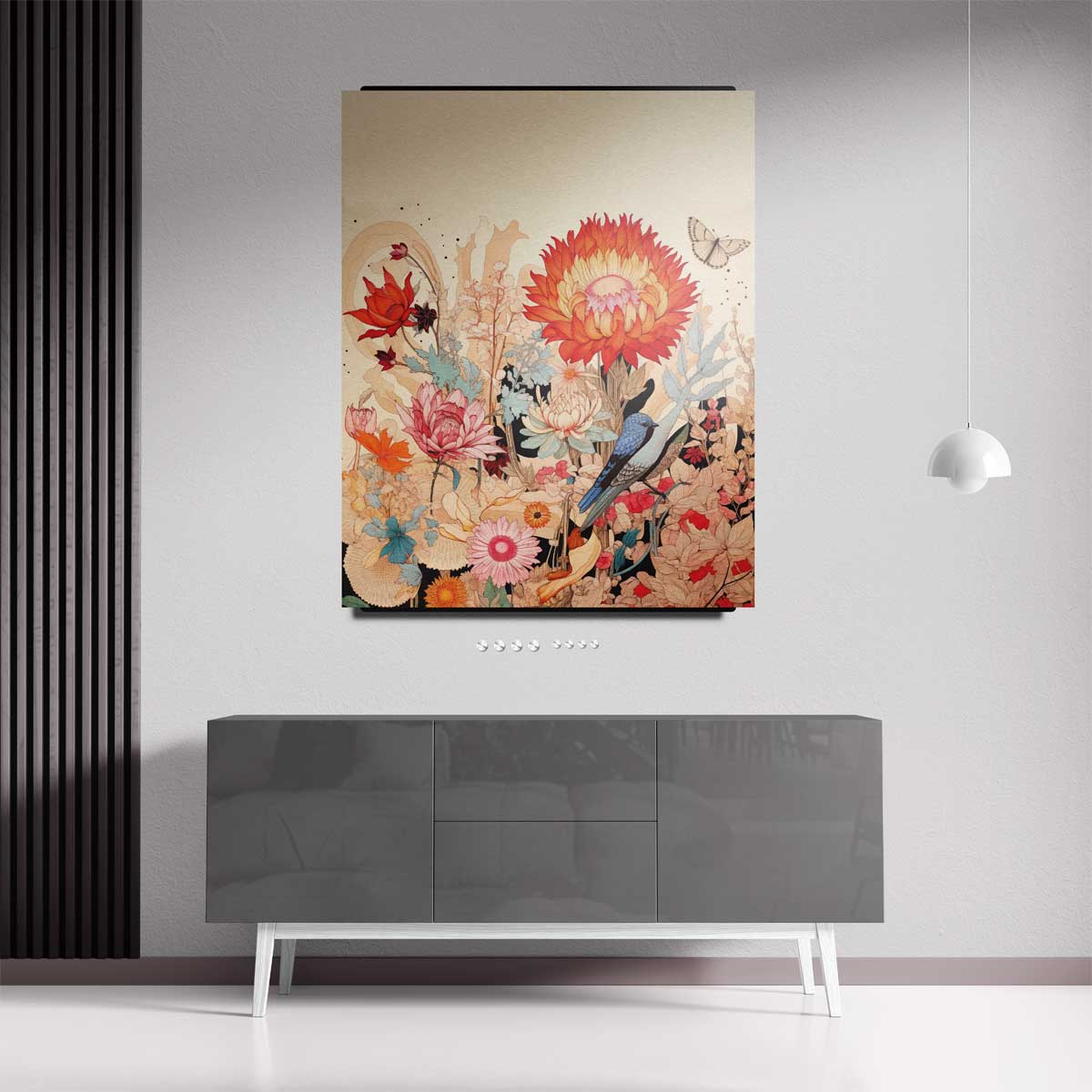 Vrolijke Bloemnatuur met Blauwe Vogel Kunstwerk-canvas-dibond-plexiglas-wanddecoratie-WallArtistic