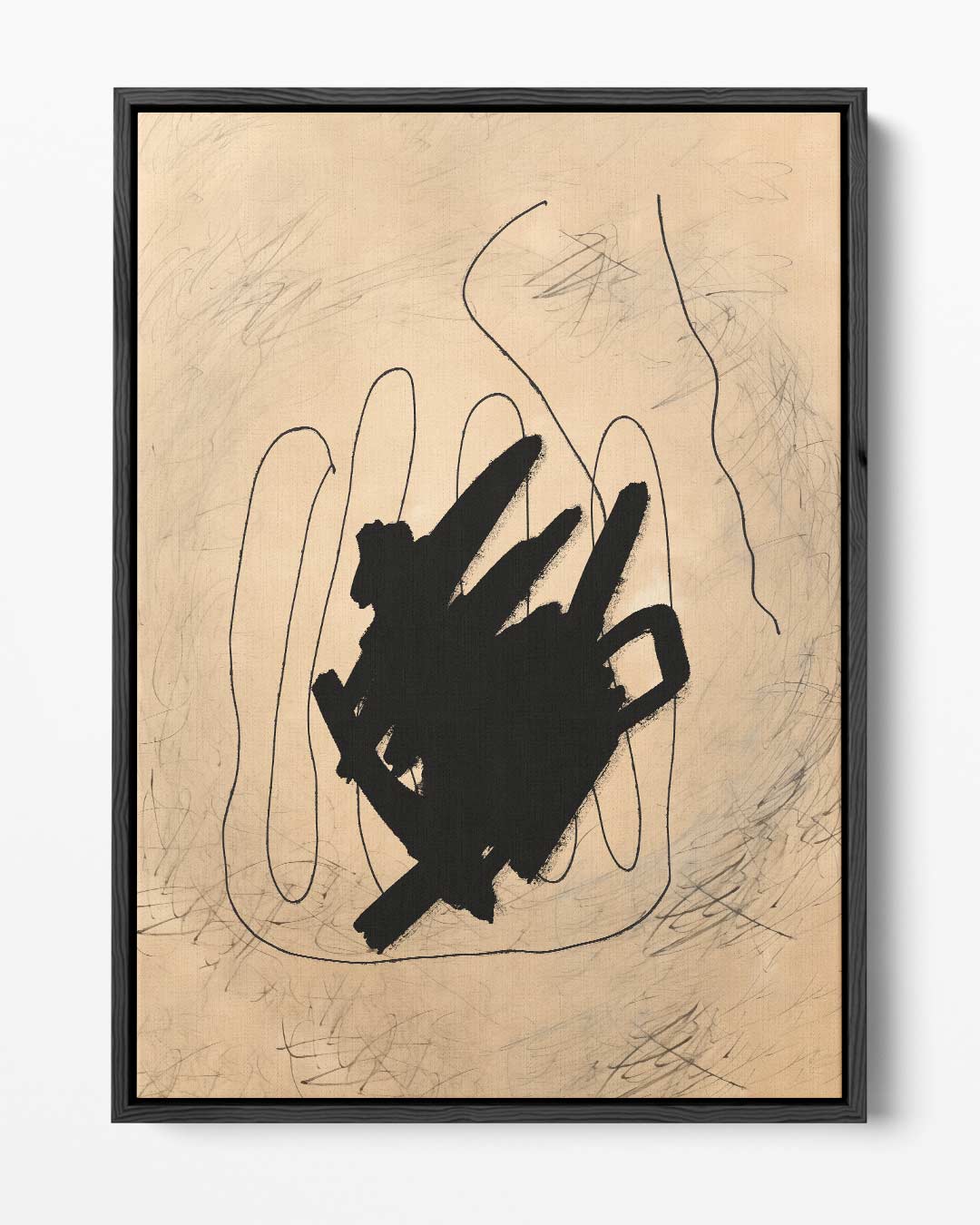 Abstracte Expressie in Zwart en Beige Kunstwerk-canvas-dibond-plexiglas-wanddecoratie-WallArtistic