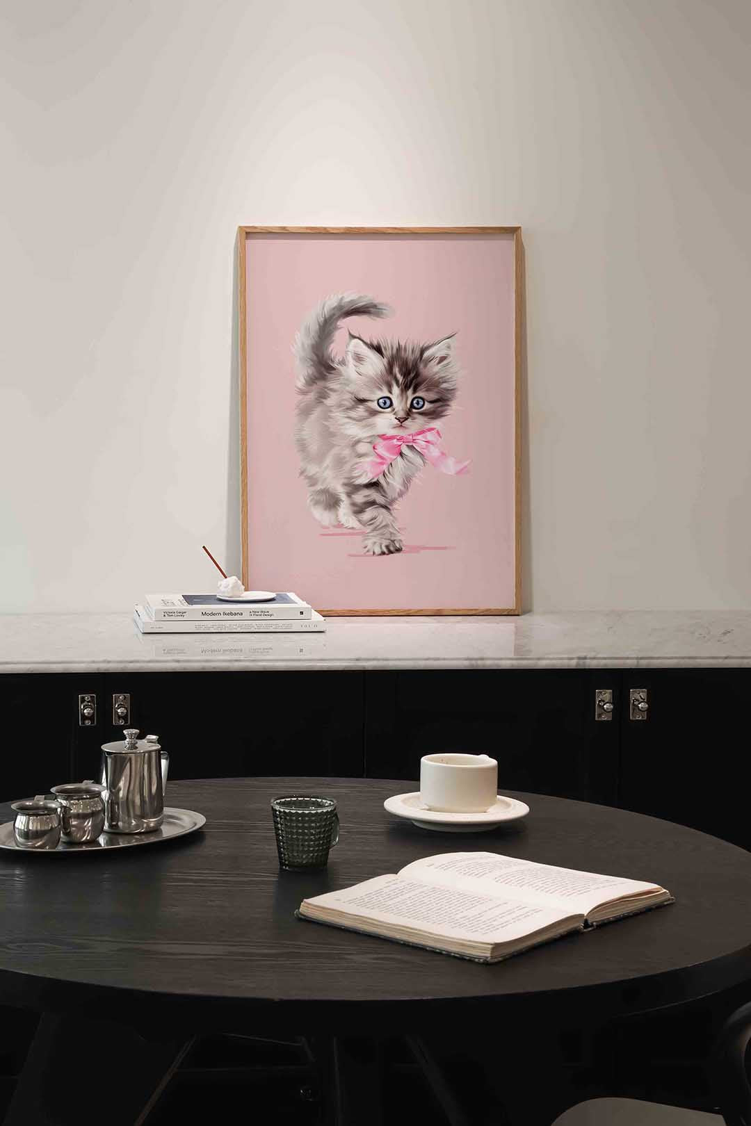 Kitten met roze strik Poster