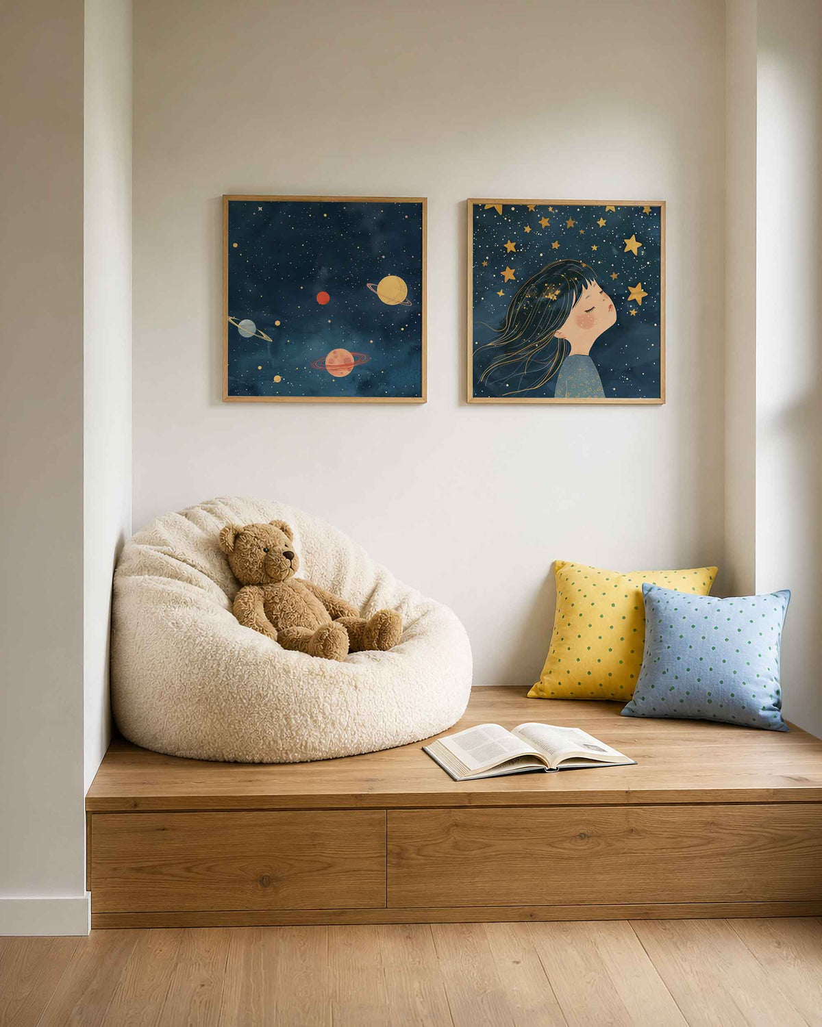 Interieurpresentatie van een tweedelige vierkante posterset met planeten en sterren