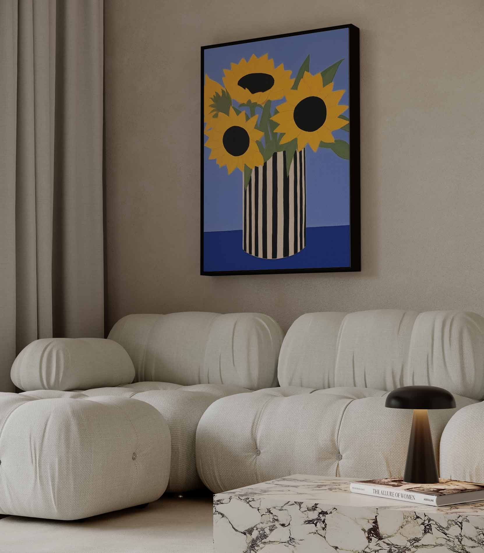 Zonnige Zonnebloemen in Streepjesvaas Kunstwerk-canvas-dibond-plexiglas-wanddecoratie-WallArtistic
