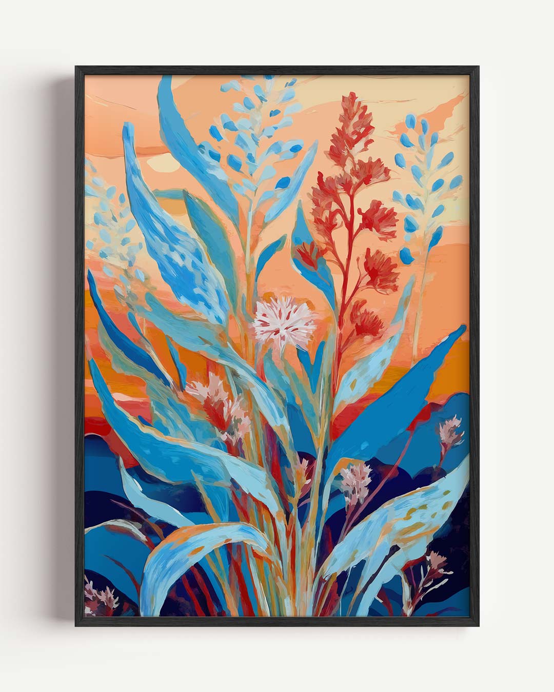Kleurrijk Bloemenveld in Zonsondergang Poster