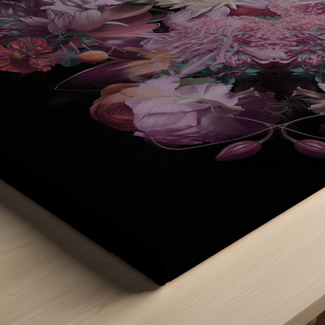 Bloemenpracht op Zwart Kunstwerk-canvas-dibond-plexiglas-wanddecoratie-WallArtistic