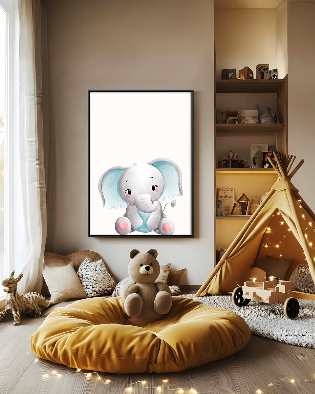 Schattige Baby Olifant Illustratie Kunstwerk-canvas-dibond-plexiglas-wanddecoratie-WallArtistic