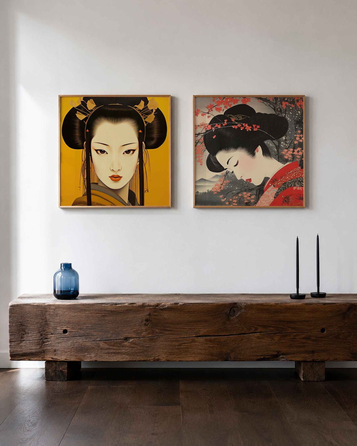 Interieurpresentatie van een tweedelige vierkante posterset met japanse vrouwenportretten
