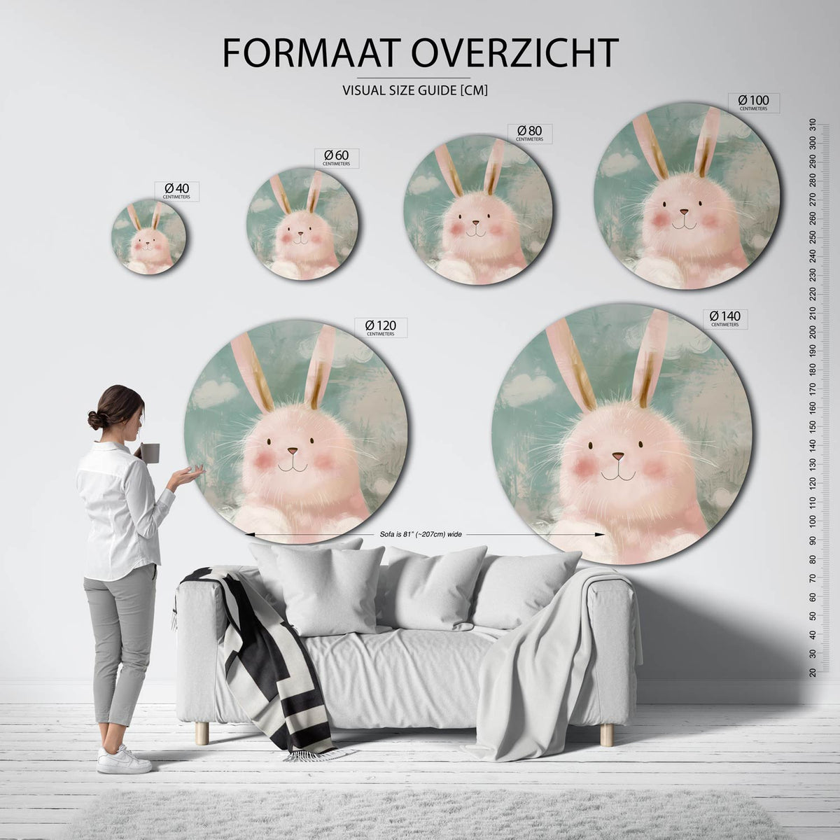 Schattige konijn Muurcirkel – extra productweergave – Een konijn met roze vacht en lange oren tegen een zachte groene