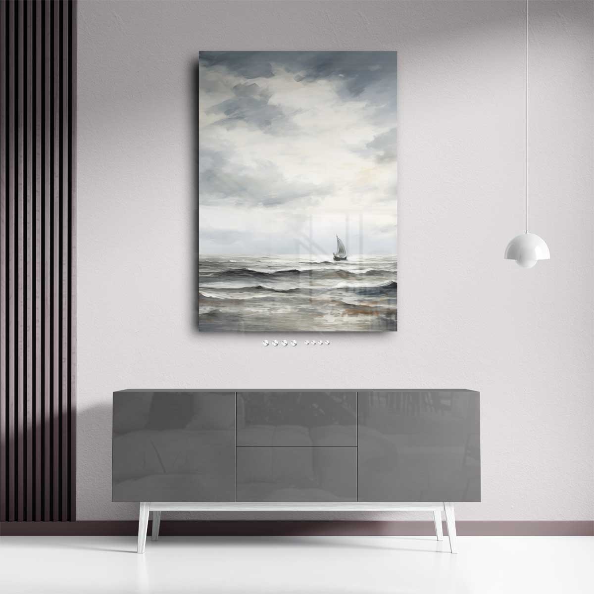 Eenzaam Zeilschip op de Woelige Zee Kunstwerk-canvas-dibond-plexiglas-wanddecoratie-WallArtistic
