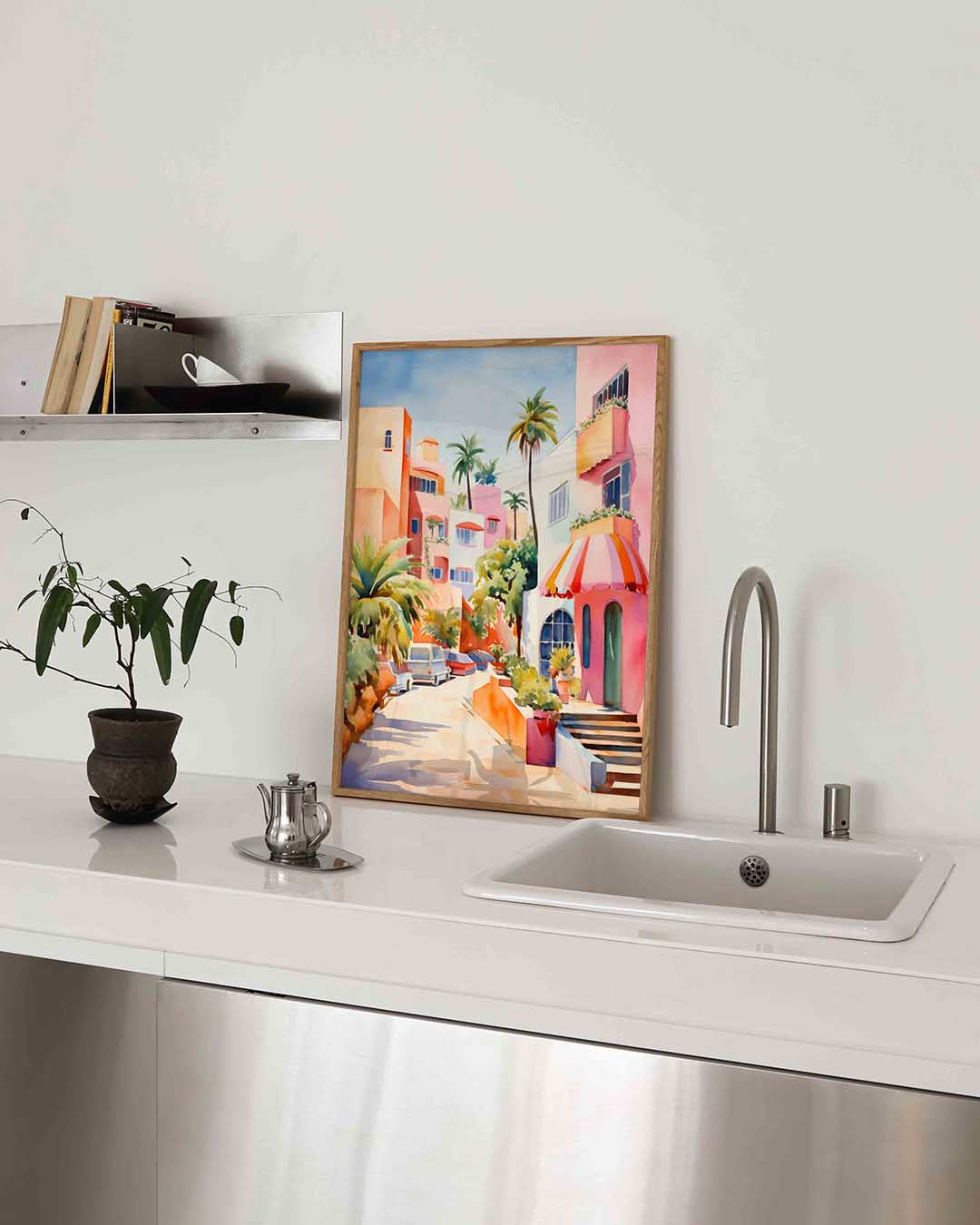 Zonnige straat met palmbomen Poster