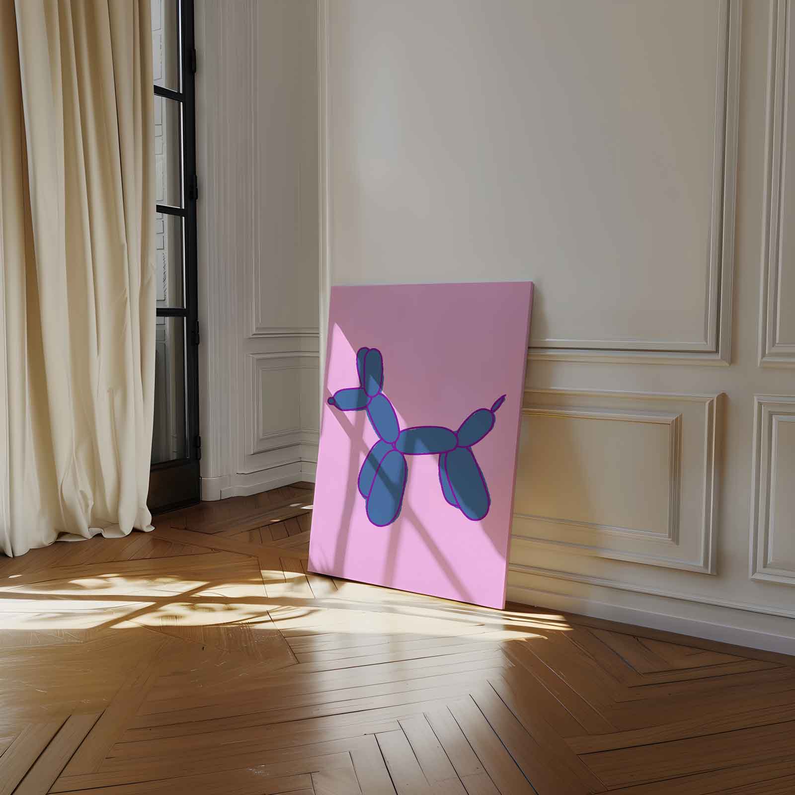 Vrolijke Ballonhond in Blauw Kunstwerk-canvas-dibond-plexiglas-wanddecoratie-WallArtistic