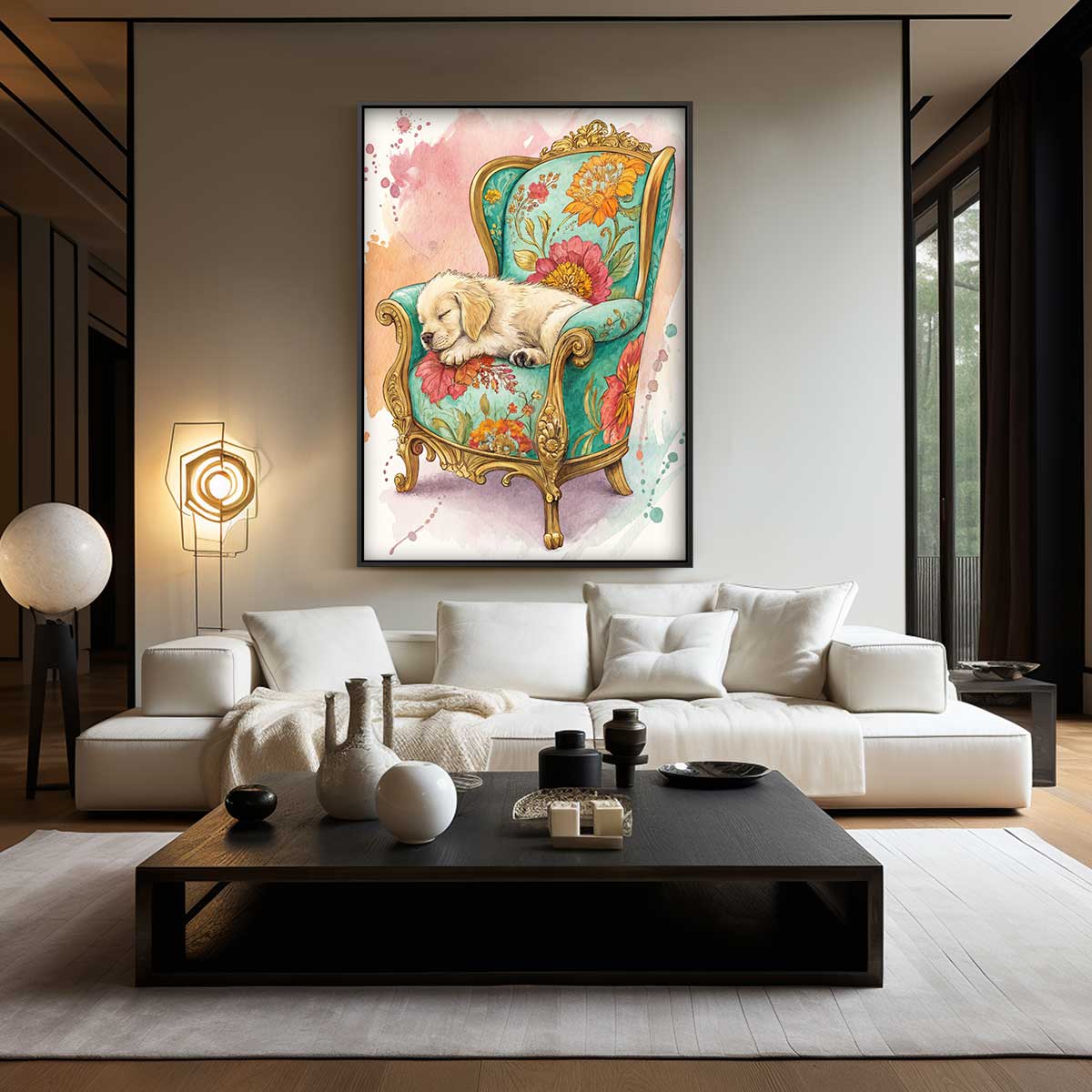 Schattige Rust op Bloemenstoel Kunstwerk-canvas-dibond-plexiglas-wanddecoratie-WallArtistic