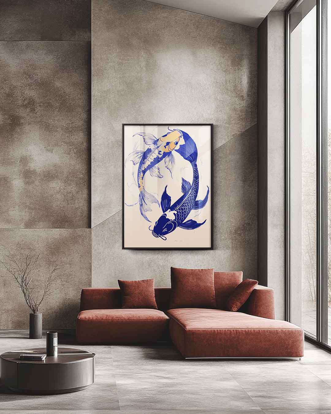 Vrolijke Koi Vissen Dans Kunstwerk-canvas-dibond-plexiglas-wanddecoratie-WallArtistic
