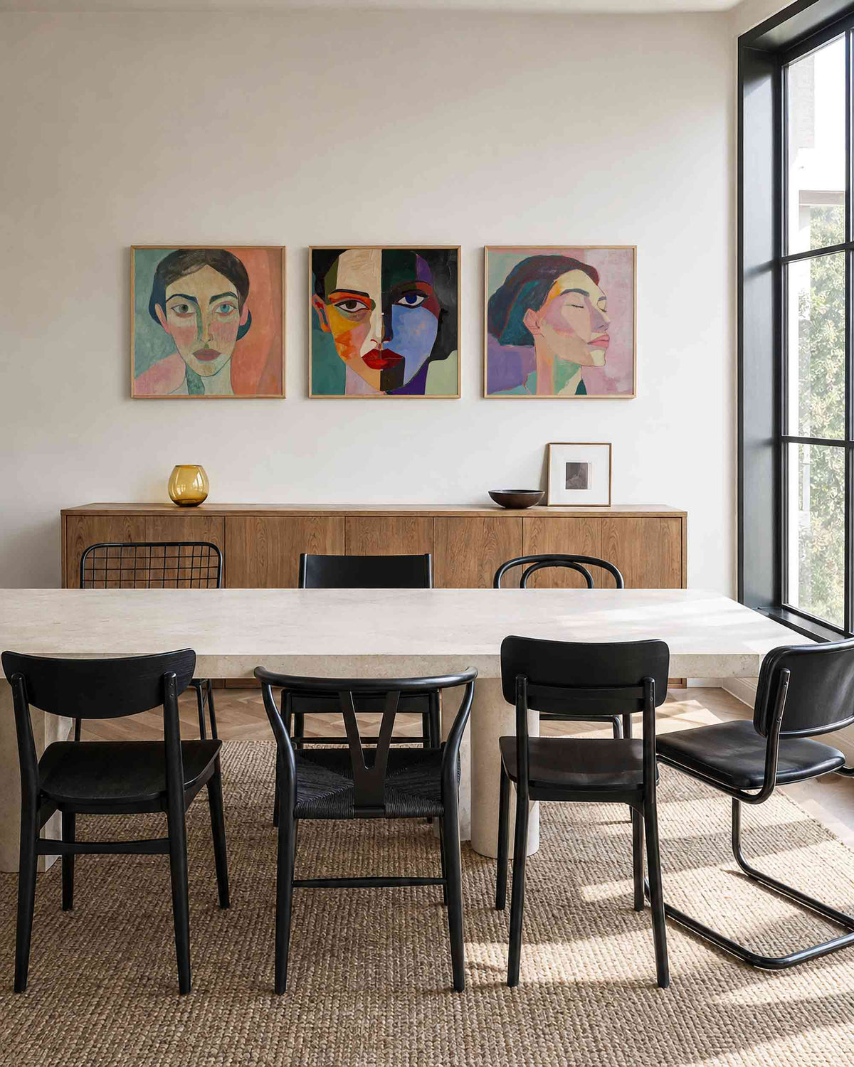 Interieurpresentatie van een driedelige vierkante posterset met abstracte portretten