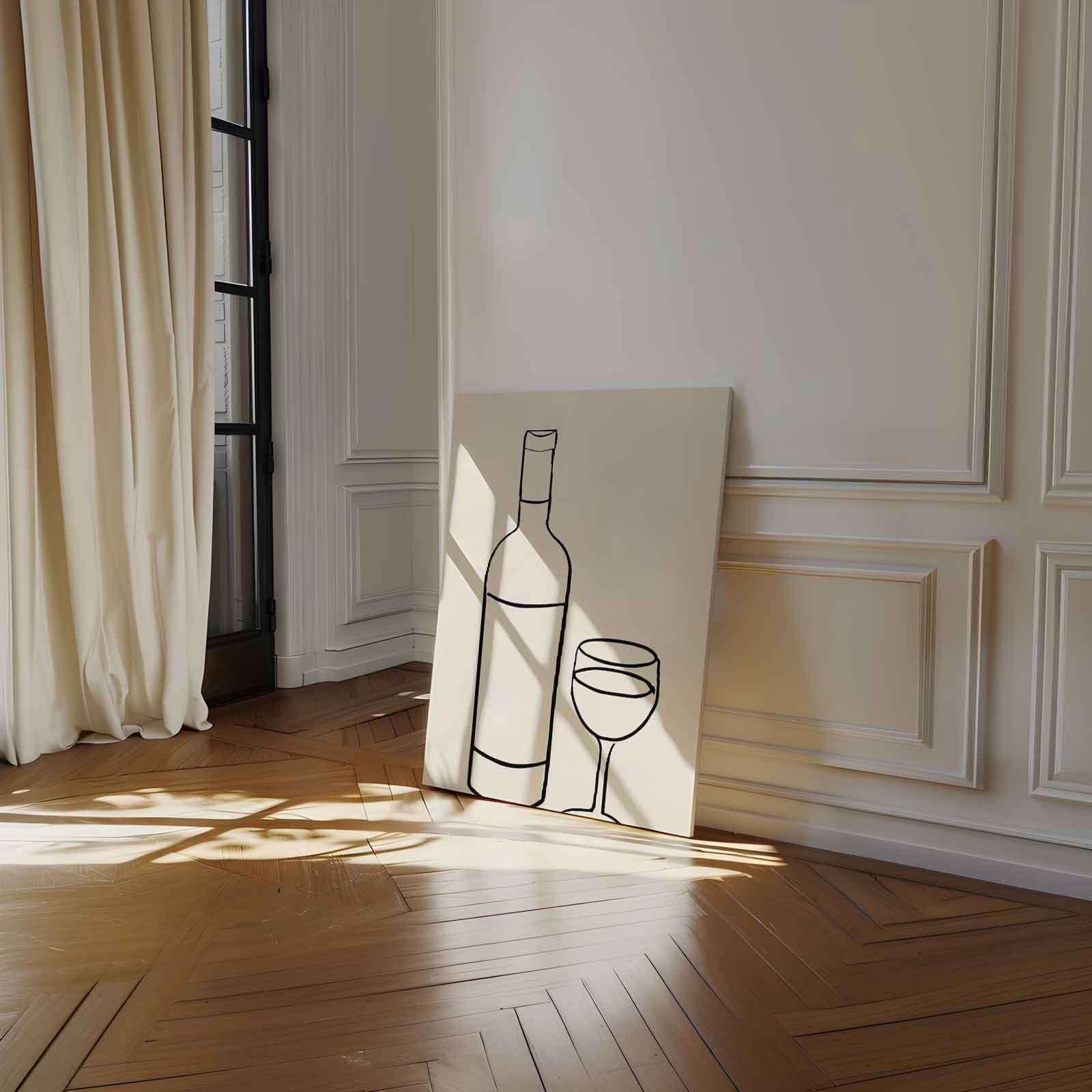 Wijn en Glas Minimalistische Lijntekening Kunstwerk-canvas-dibond-plexiglas-wanddecoratie-WallArtistic