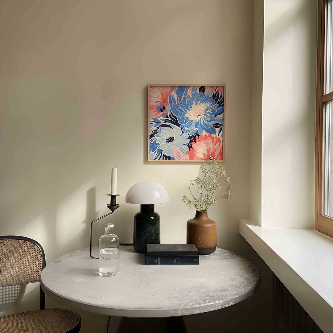 Bloemen in blauw en roze Poster