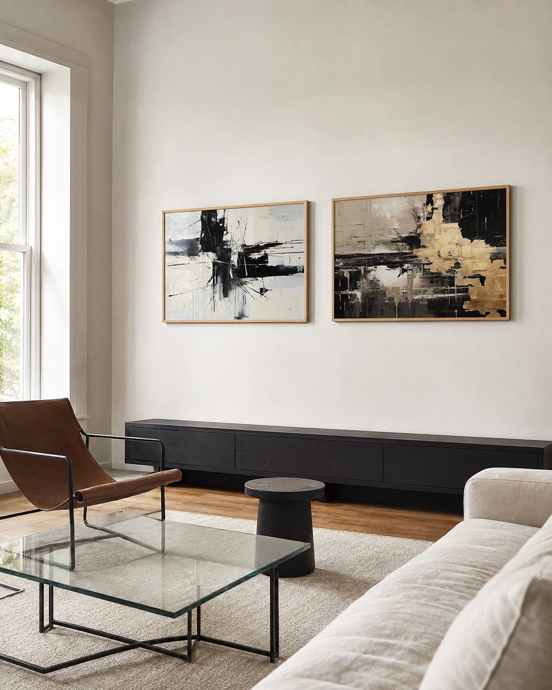 Twee liggende posters met zwarte en witte kleurvlakken met opvallende lijnen, aan de muur in een interieur