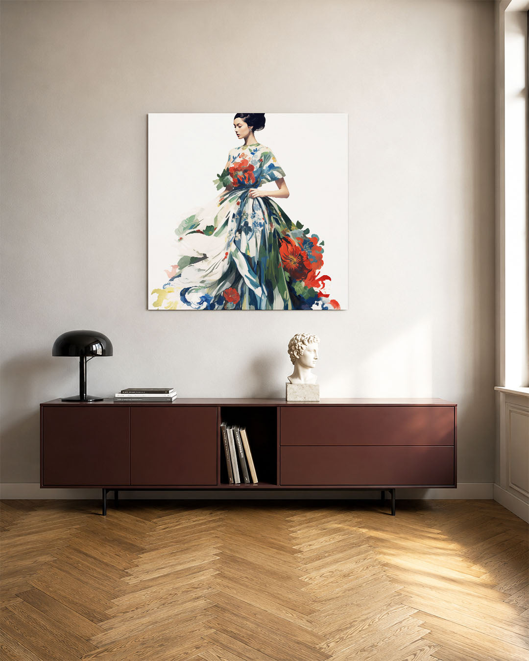 Vrouw in bloemenjurk Kunstwerk