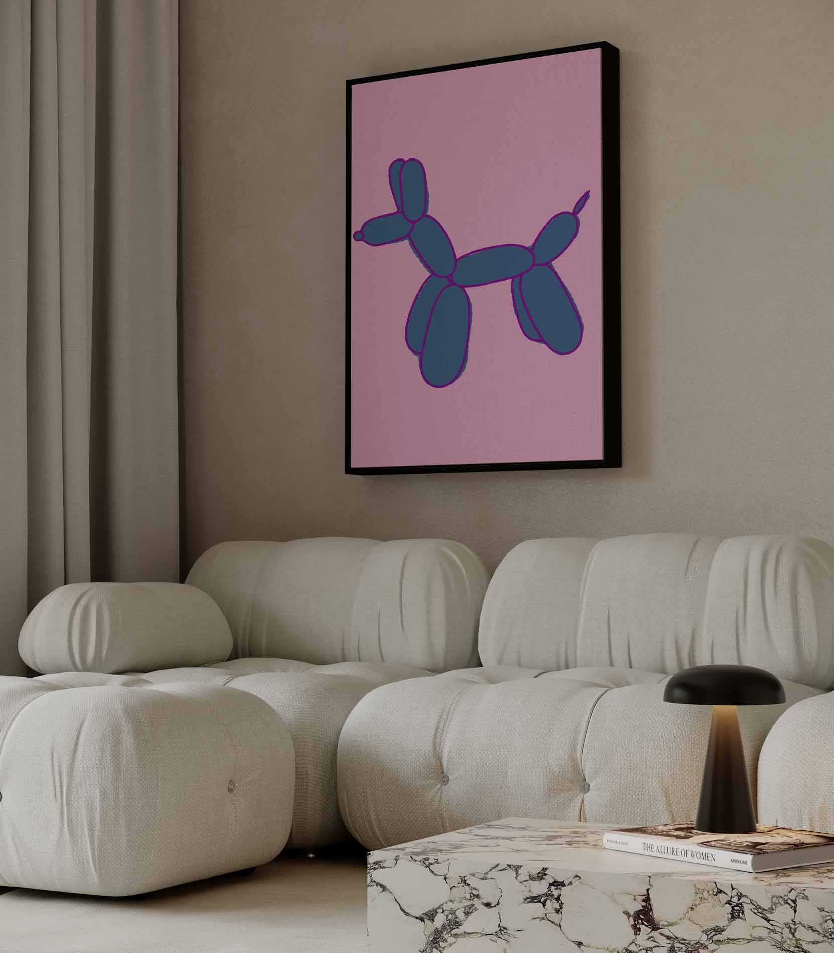 Vrolijke Ballonhond in Blauw Kunstwerk-canvas-dibond-plexiglas-wanddecoratie-WallArtistic