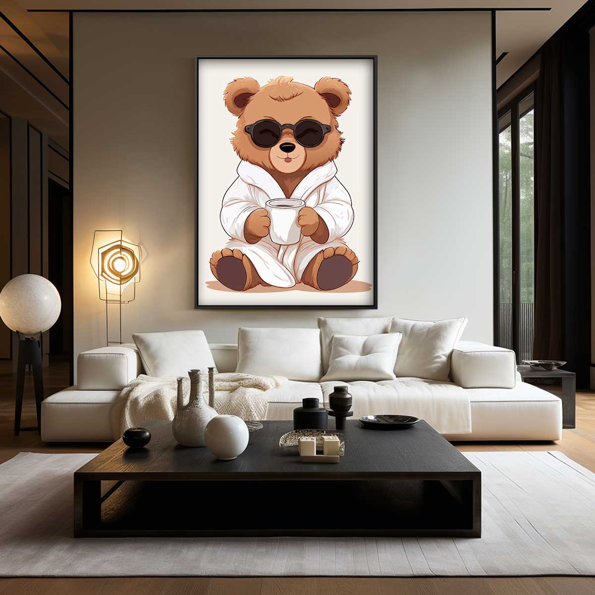 Chillende Beer in Badjas Kunstwerk-canvas-dibond-plexiglas-wanddecoratie-WallArtistic