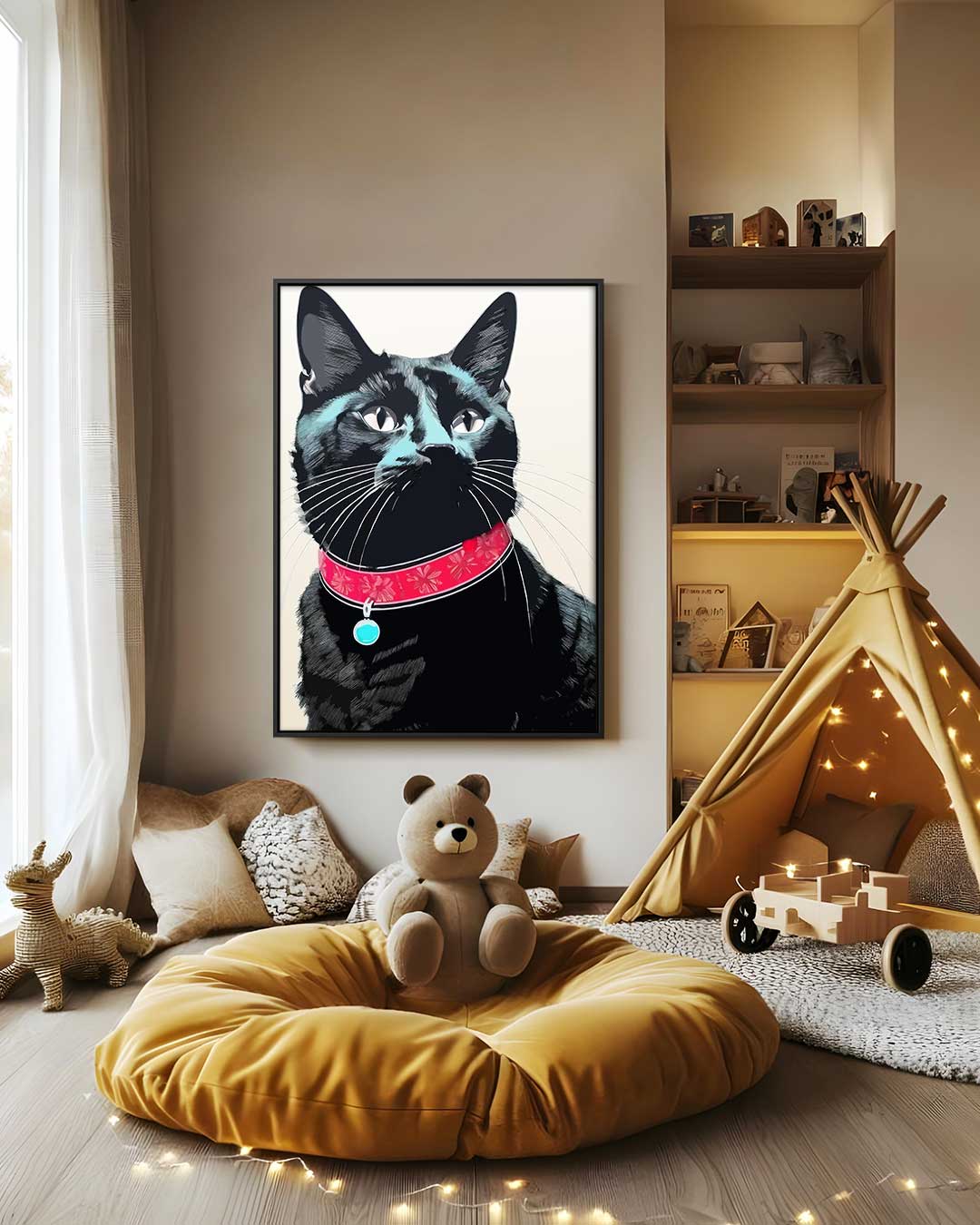 Prachtige Kat in Zwart Portret Kunstwerk-canvas-dibond-plexiglas-wanddecoratie-WallArtistic