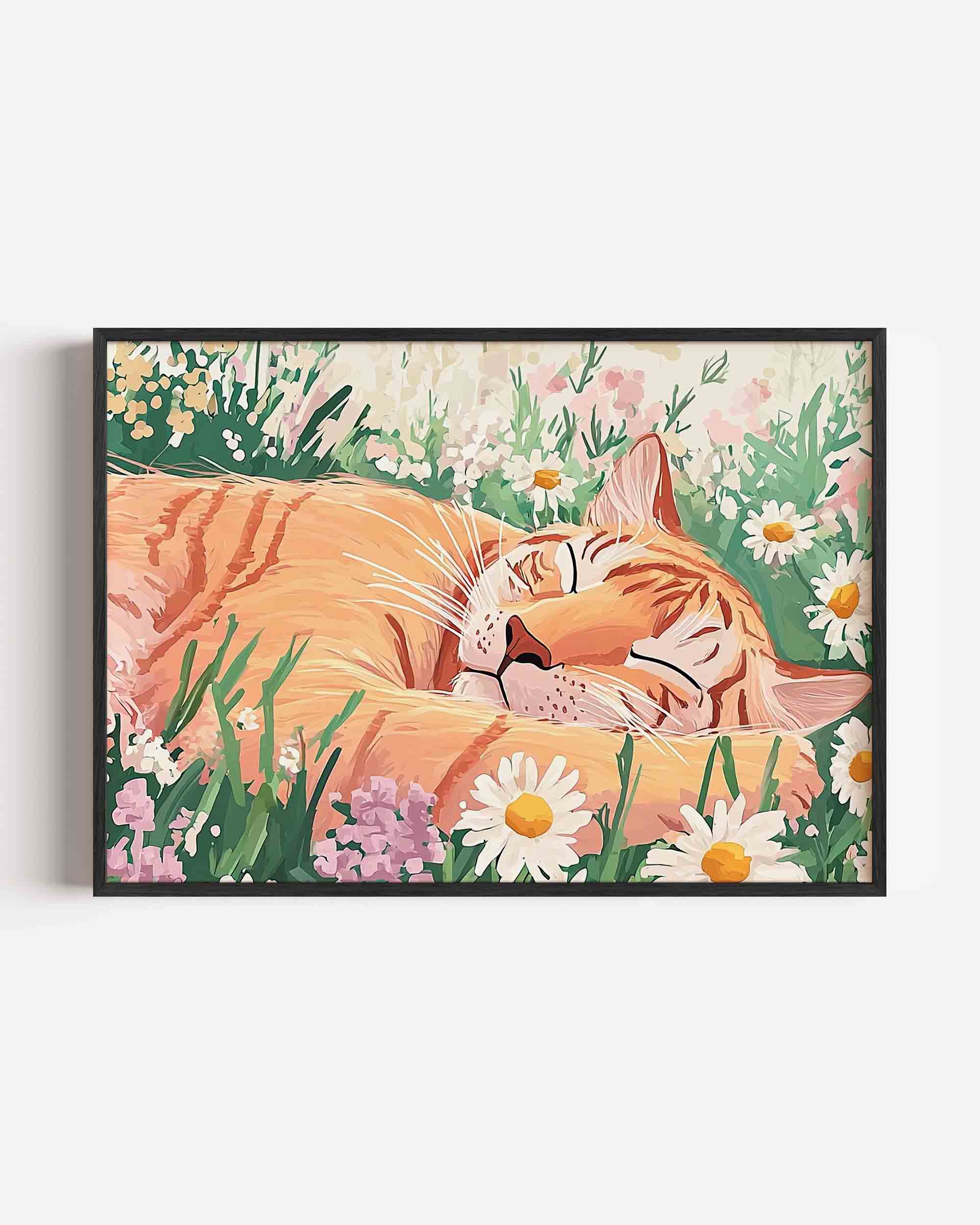 Slapende kat in bloemen Poster