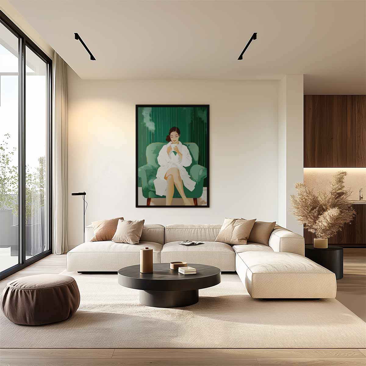 Ontspannen Moment Vrouw Met Koffiekop Kunstwerk-canvas-dibond-plexiglas-wanddecoratie-WallArtistic